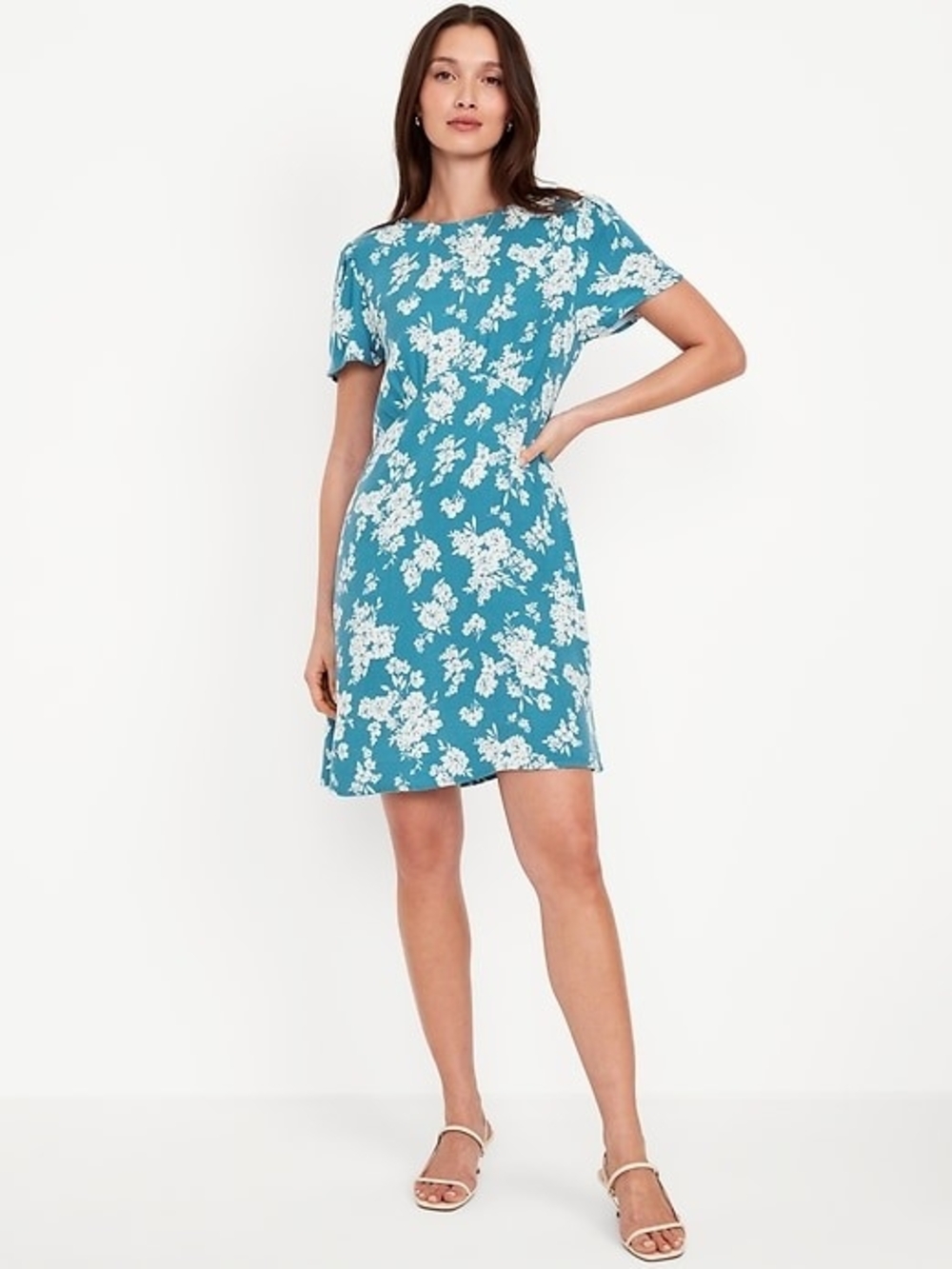 Old Navy Fit And Flare Blue Midi Dress with White Floral Print and POCKETS!!